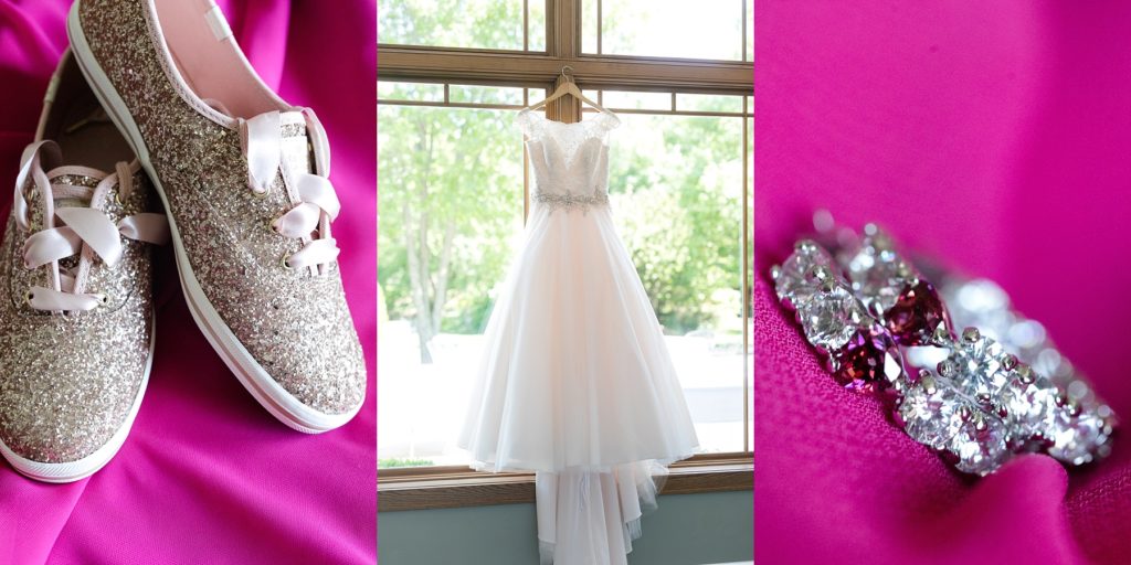 bride's dress and glitter Kate Spade Keds at The Florian Gardens