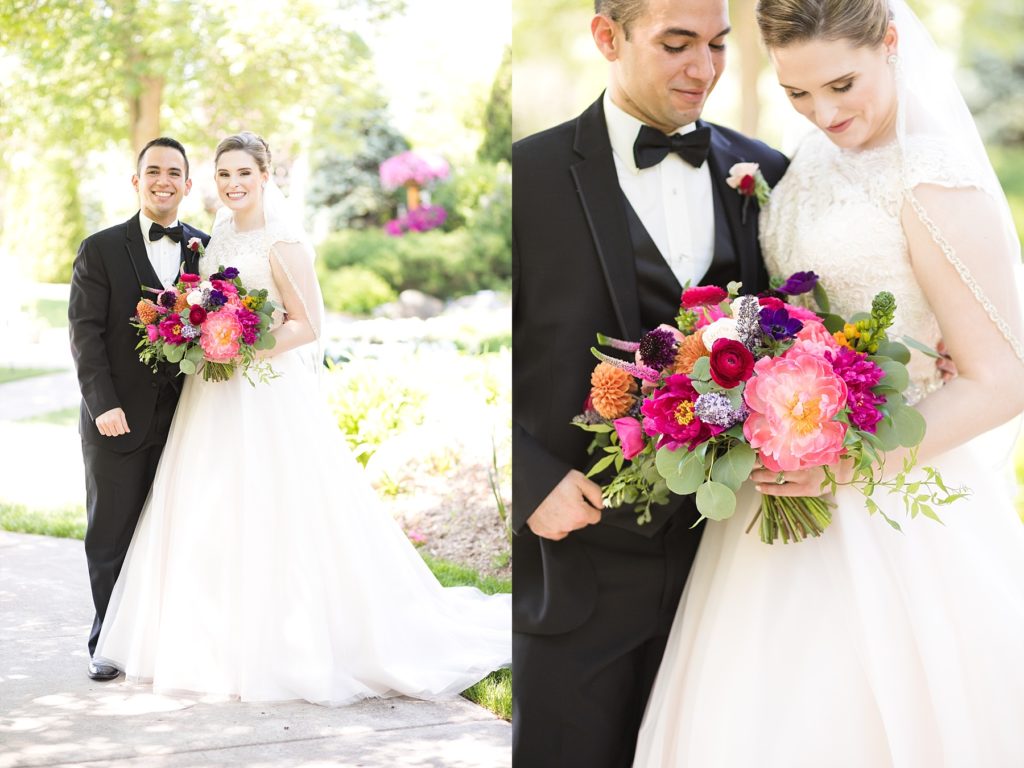 bride and groom portraits with bright bouquet by Allure Premiere Event Florists