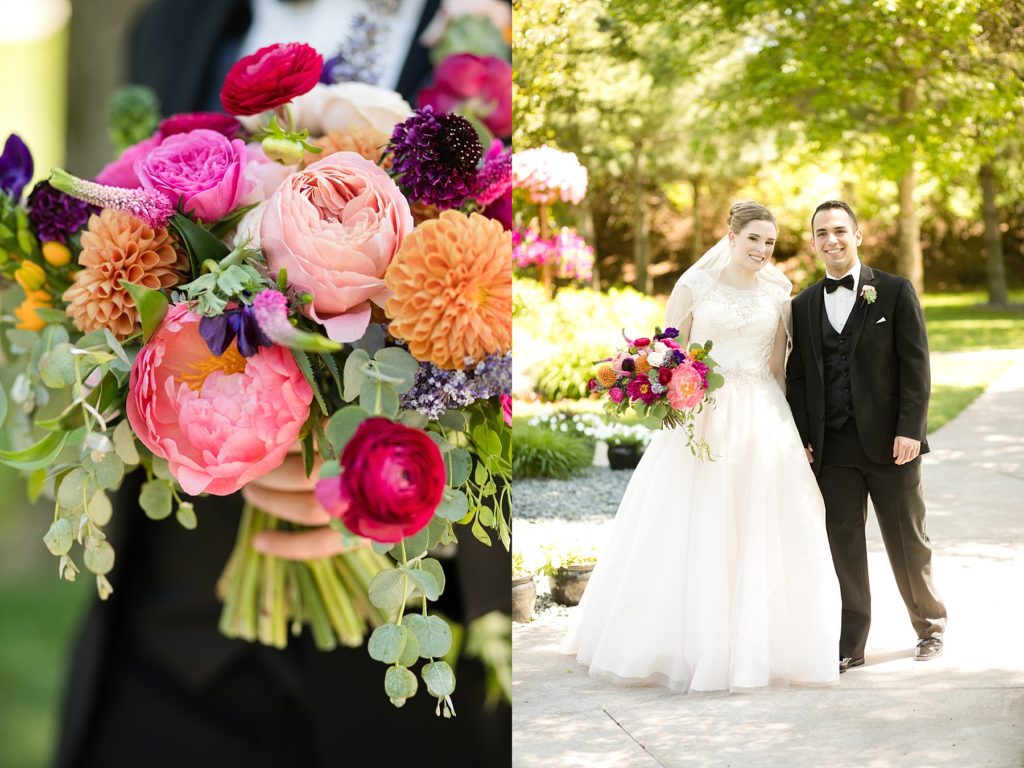 bride and groom and bouquet at The Florian Gardens