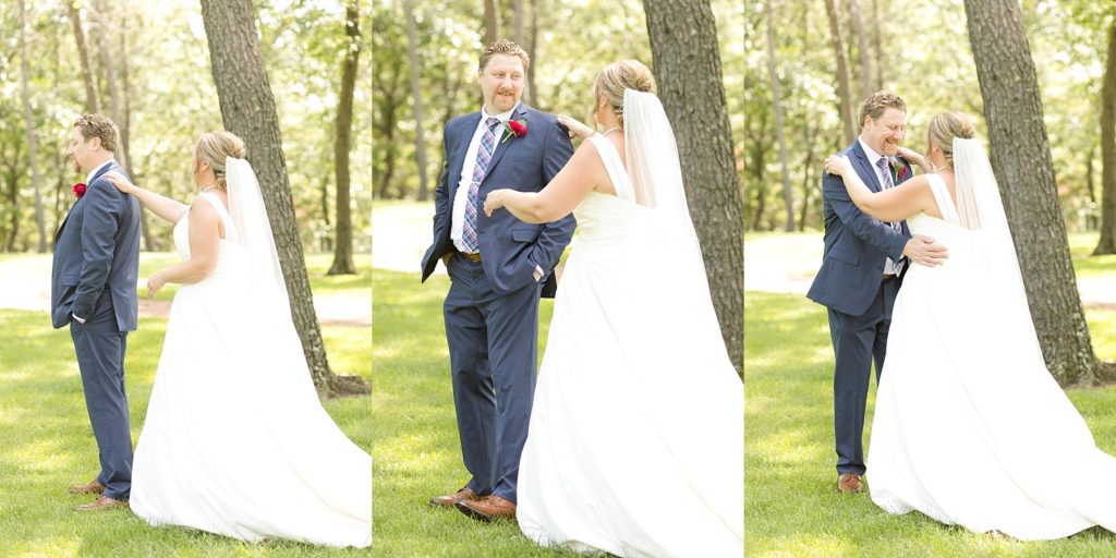 bride and groom have their first look just steps outside at the Eau Claire Golf & Country Club