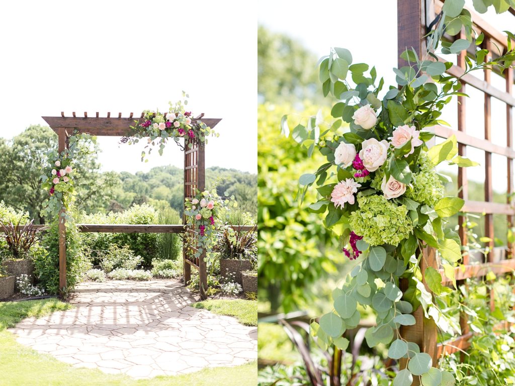 outdoor ceremony with pergola decorated in florals created by Brent Douglas at the Eau Claire Golf & Country Club