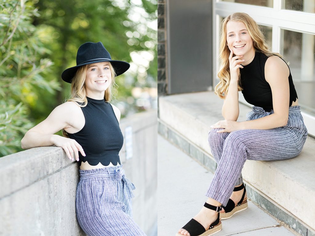 girl in a black and white outfit with a hat in Eau Claire for senior pictures