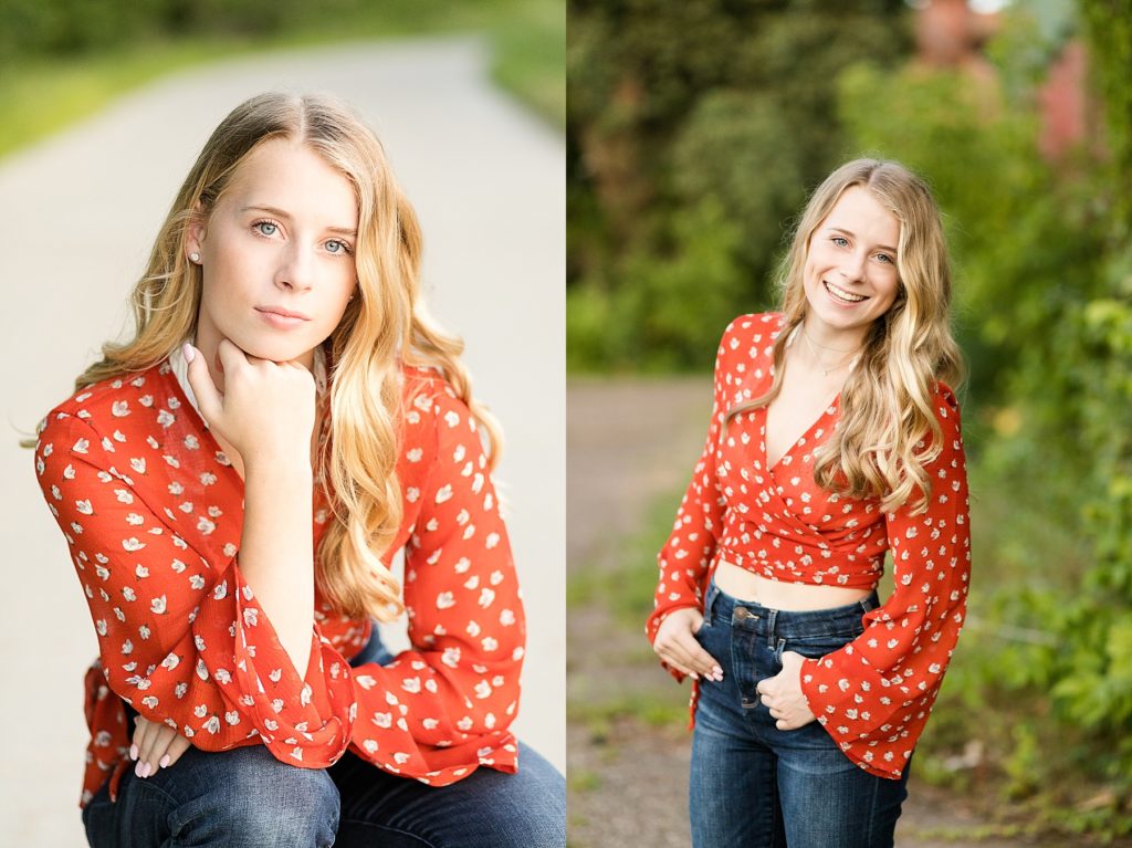 girl in an orange floral shirt for her boho senior photos in Eau Claire