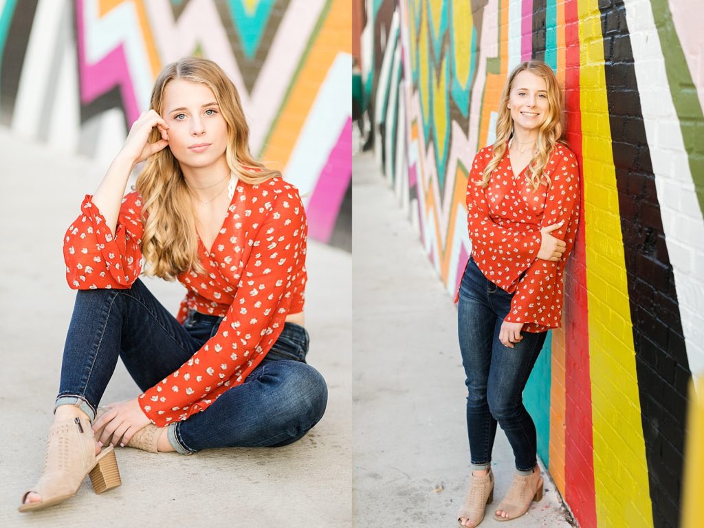 Boho Wisconsin Senior Photos with a girl leaning against a bright wall in a vintage outfit