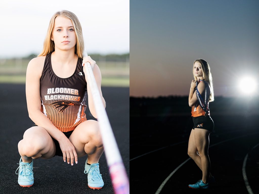 Bloomer Blackhawks school record pole vaulter Maggie Sarauer crouching with pole and holding state medals for relay race.