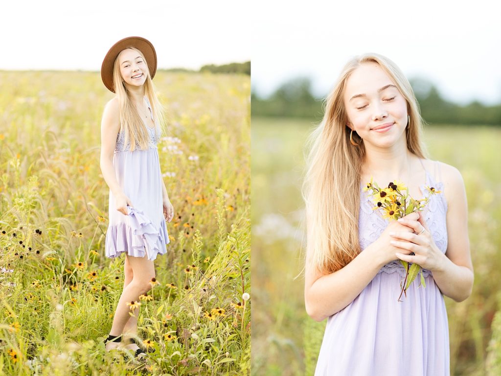 girl in a purple Free People dress in a field of flowers for her Eau Claire boho senior photos