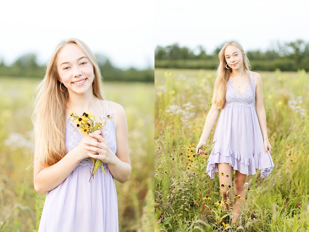 girl in a field of flowers with a Free People dress for her Eau Claire boho senior photos