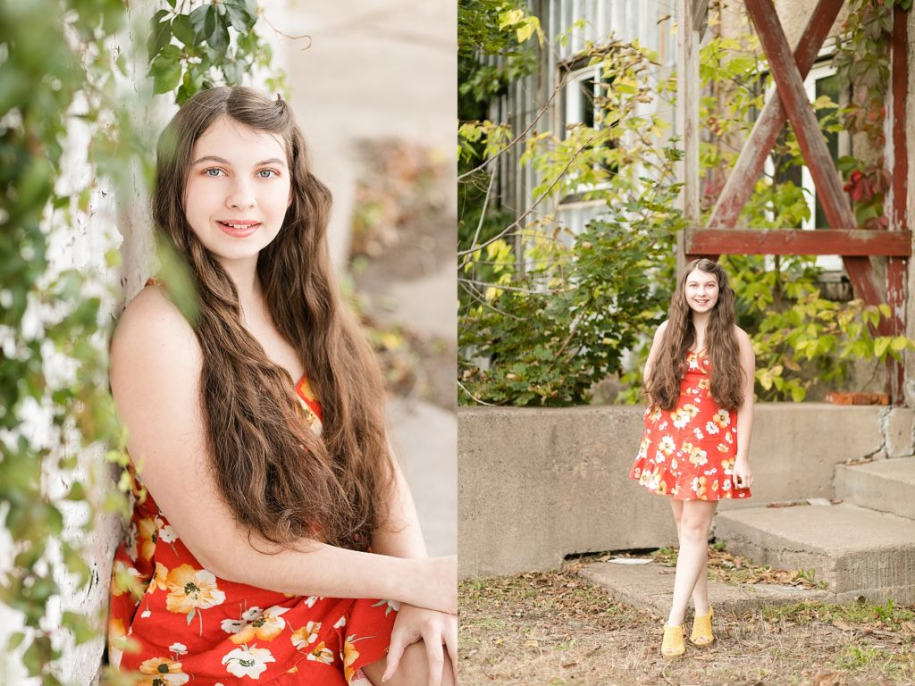 girl in a rustic downtown area for her Cadott High School senior photos