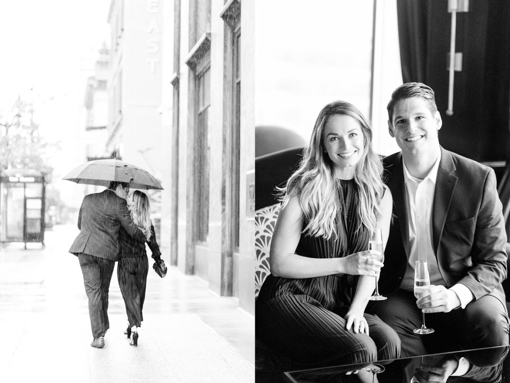 couple walking in the rain in a black and white photo after he proposes at the Milwaukee Art Museum