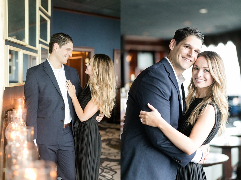 couple just engaged at the Milwaukee Art Museum get out of the rain in Blu at the top of the Pfister Hotel in Milwaukee
