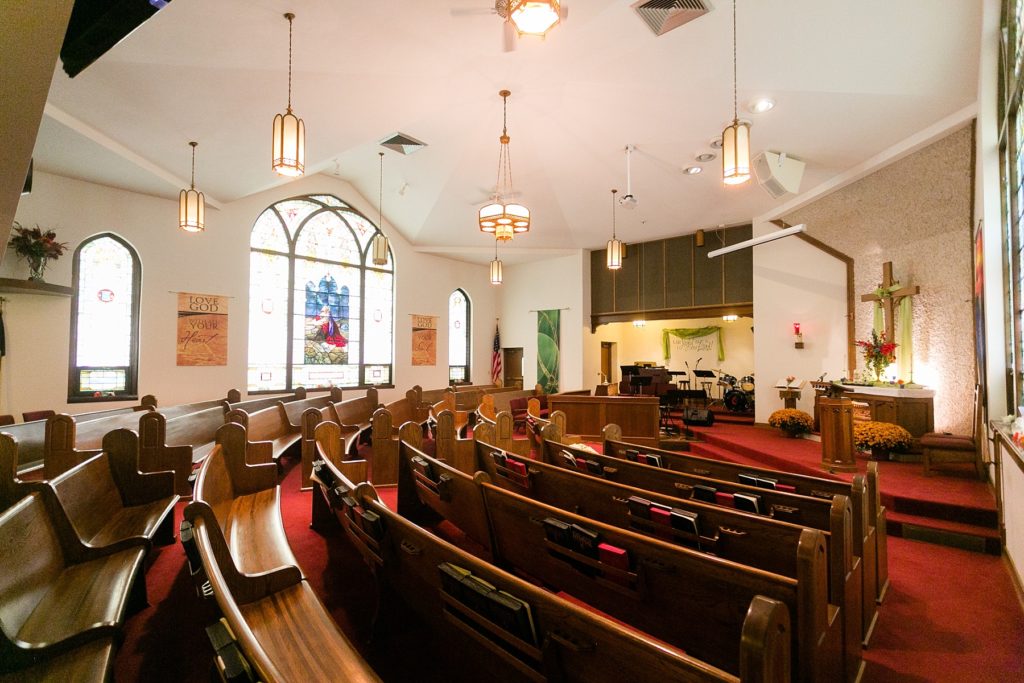 Photo of empty sanctuary at Zion United Methodist Church in Chippewa Falls for a wedding