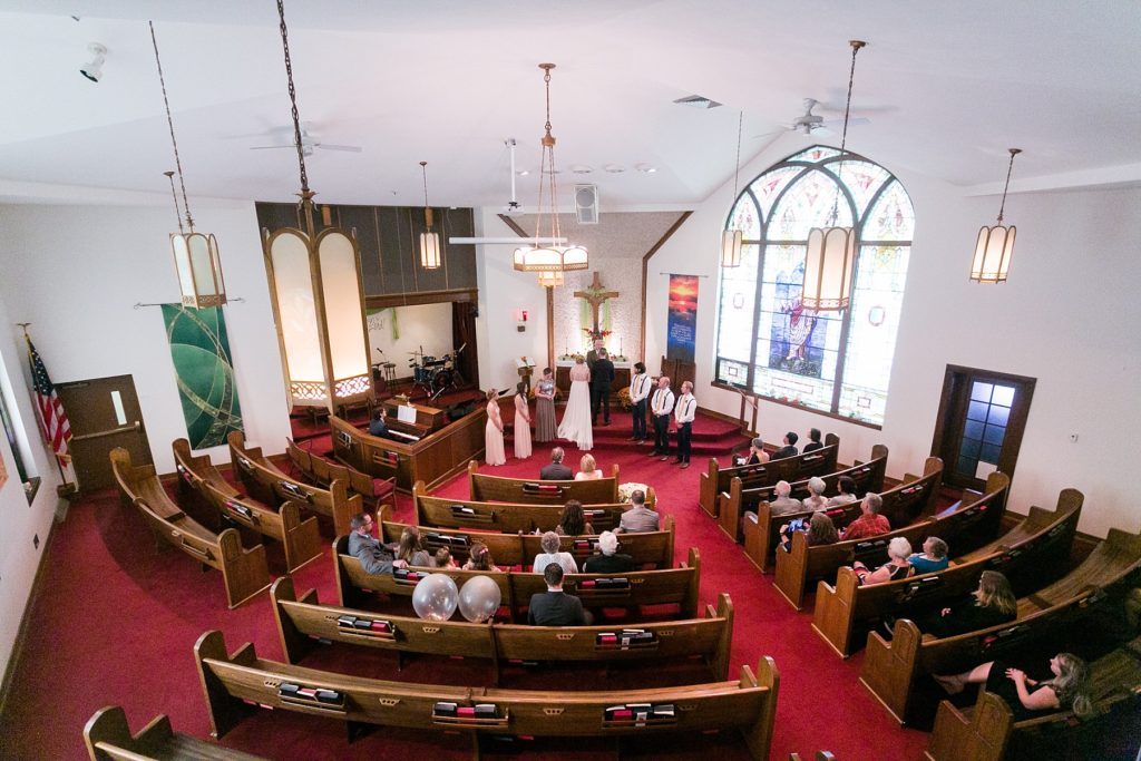 view from the balcony of a wedding ceremony at Zion United Methodist Church in Chippewa Falls