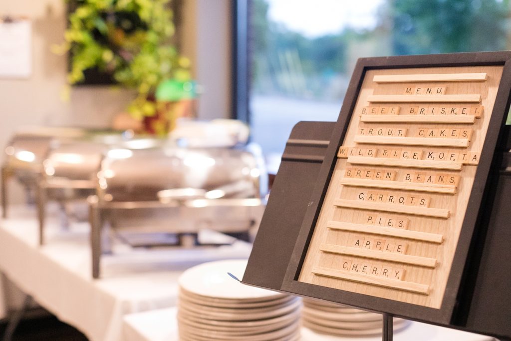 scrabble wedding dinner menu at The Oxbow Hotel in Eau Claire, WI