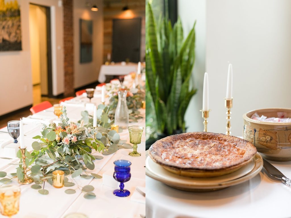 floral arrangements on table and Door County Cherry pie at The Oxbow Hotel in Eau Claire