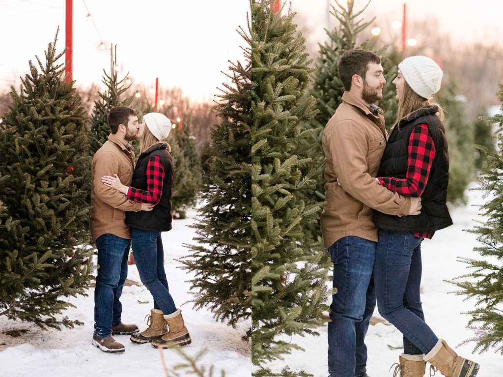 couple kissing in the Christmas trees for sale in Wisconsin
