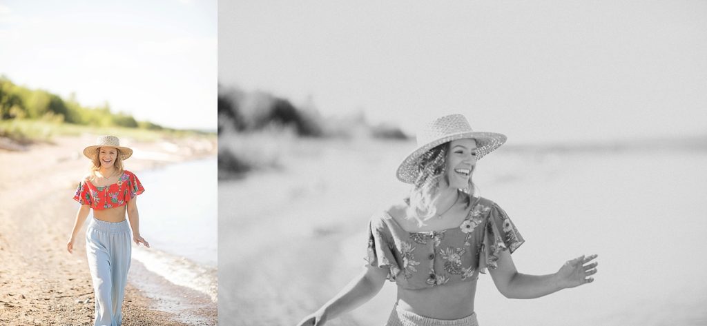 girl walking on Wisconsin Point beach in Superior, WI for her beach senior photos