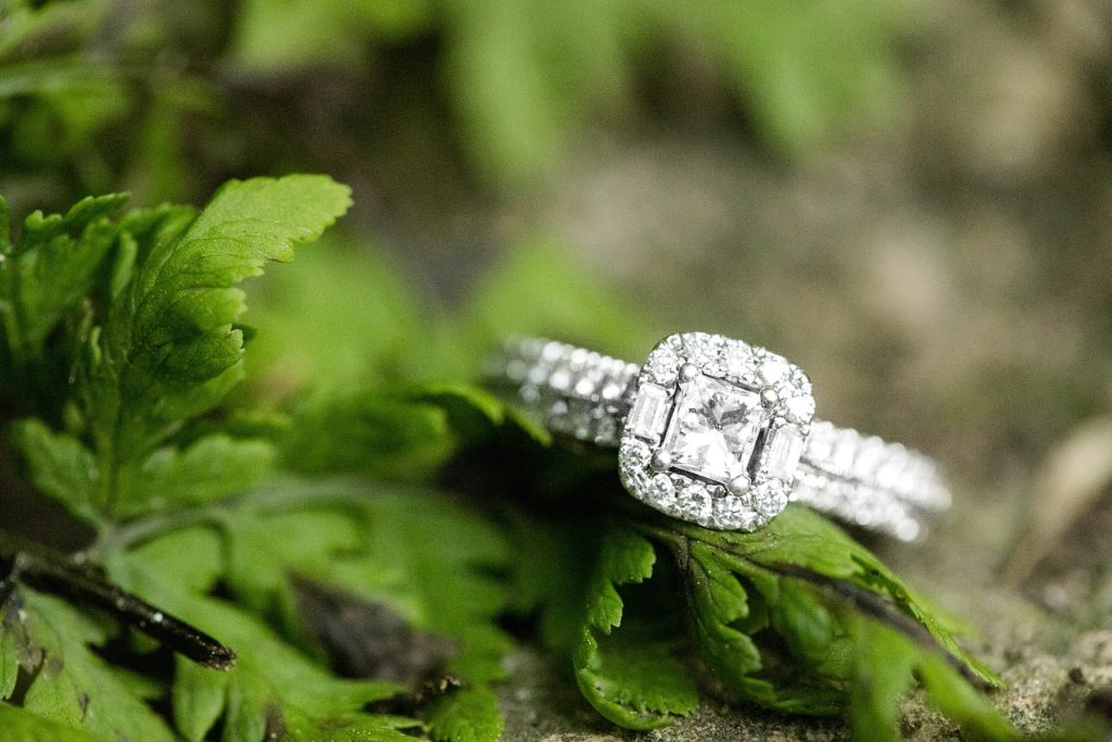 engagement ring on a mossy rock at Willow River State Park in Hudson, WI