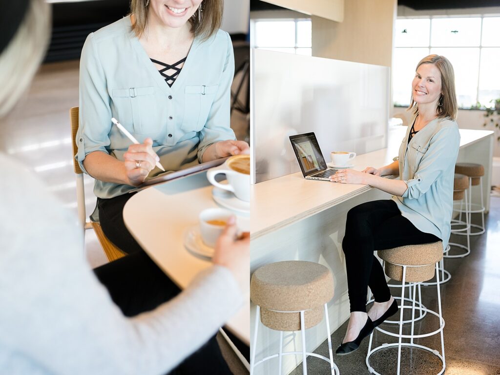 Sarah Shuda of Sarah Lynn Designs in Eau Claire, WI works and chats with a potential client during her headshots.